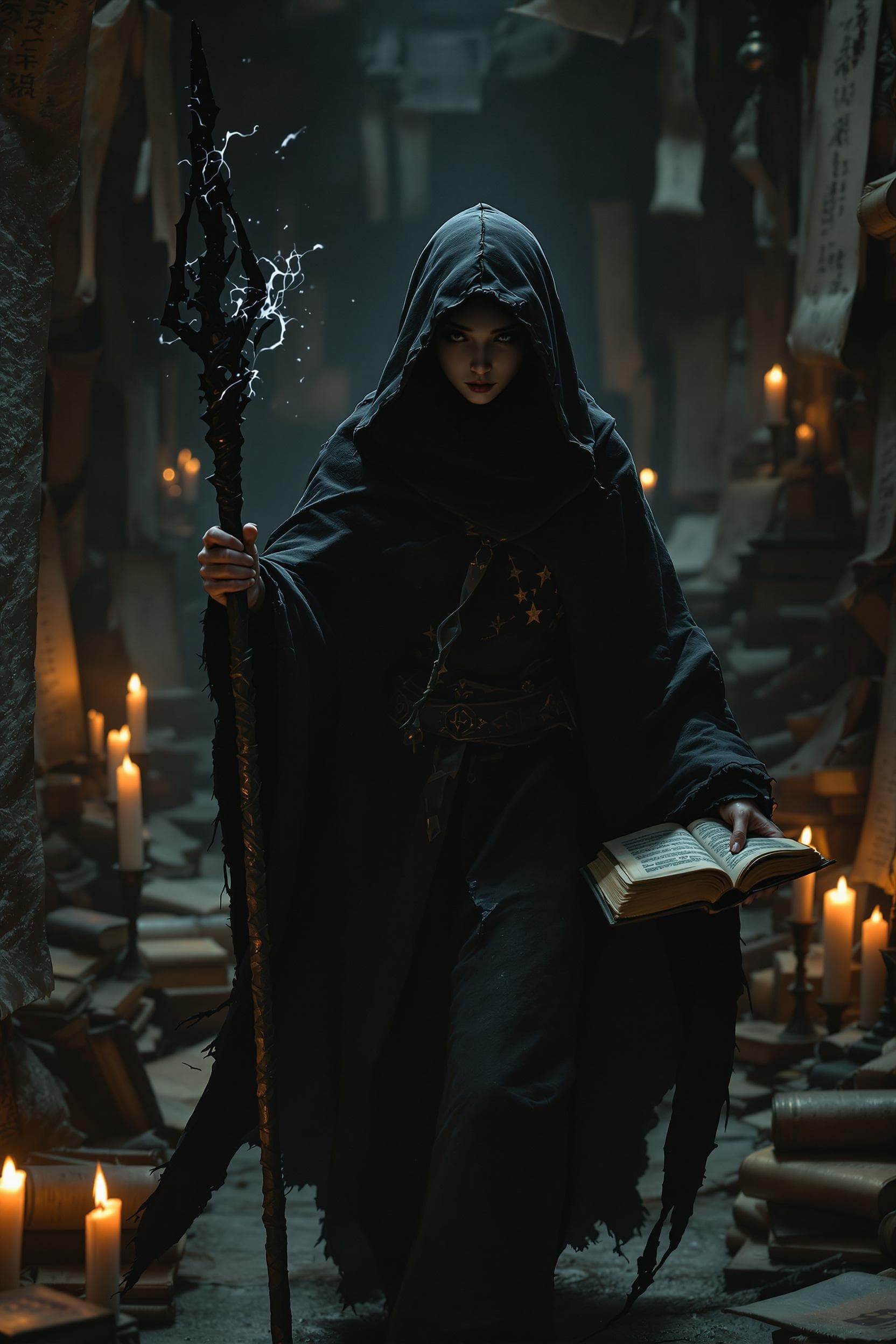 AI generated: A Korean girl, her face hidden under the hood of a dark, tattered cloak, walks through a candlelit u...