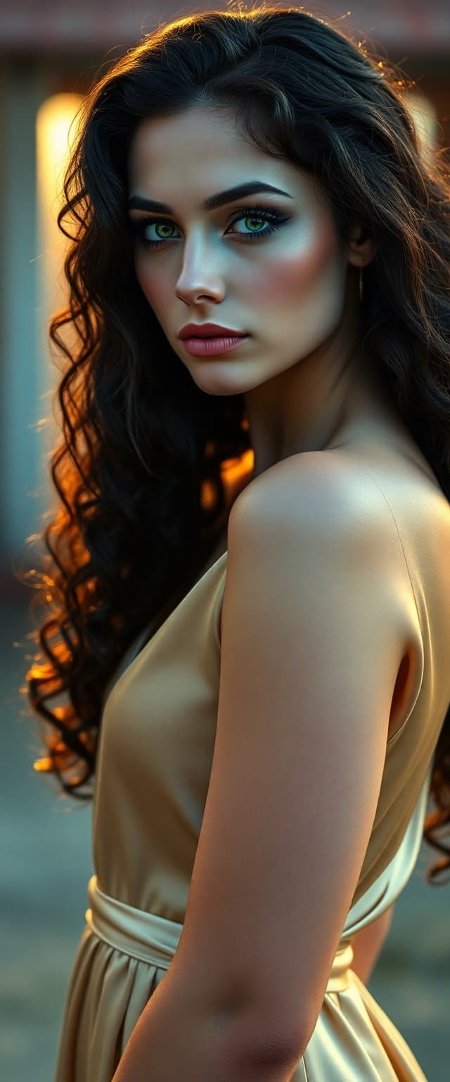 AI generated: "Dramatic cinematic portrait photography featuring a lithe supermodel, fair skin, long raven black c...