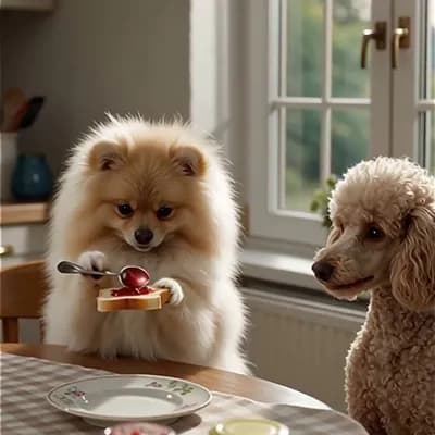 AI generated video: 포메리안 푸들 아침식방에 쨈을바르고 먹고있다 포메리안이 푸들한대 빵을 대접을 한다 