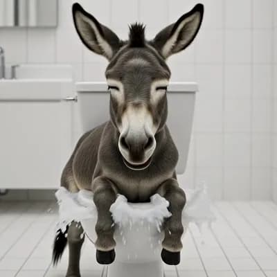 AI generated video: **"Donkey sitting on toilet looks at camera and winks while toilet suddenly flushes itself."**

This...
