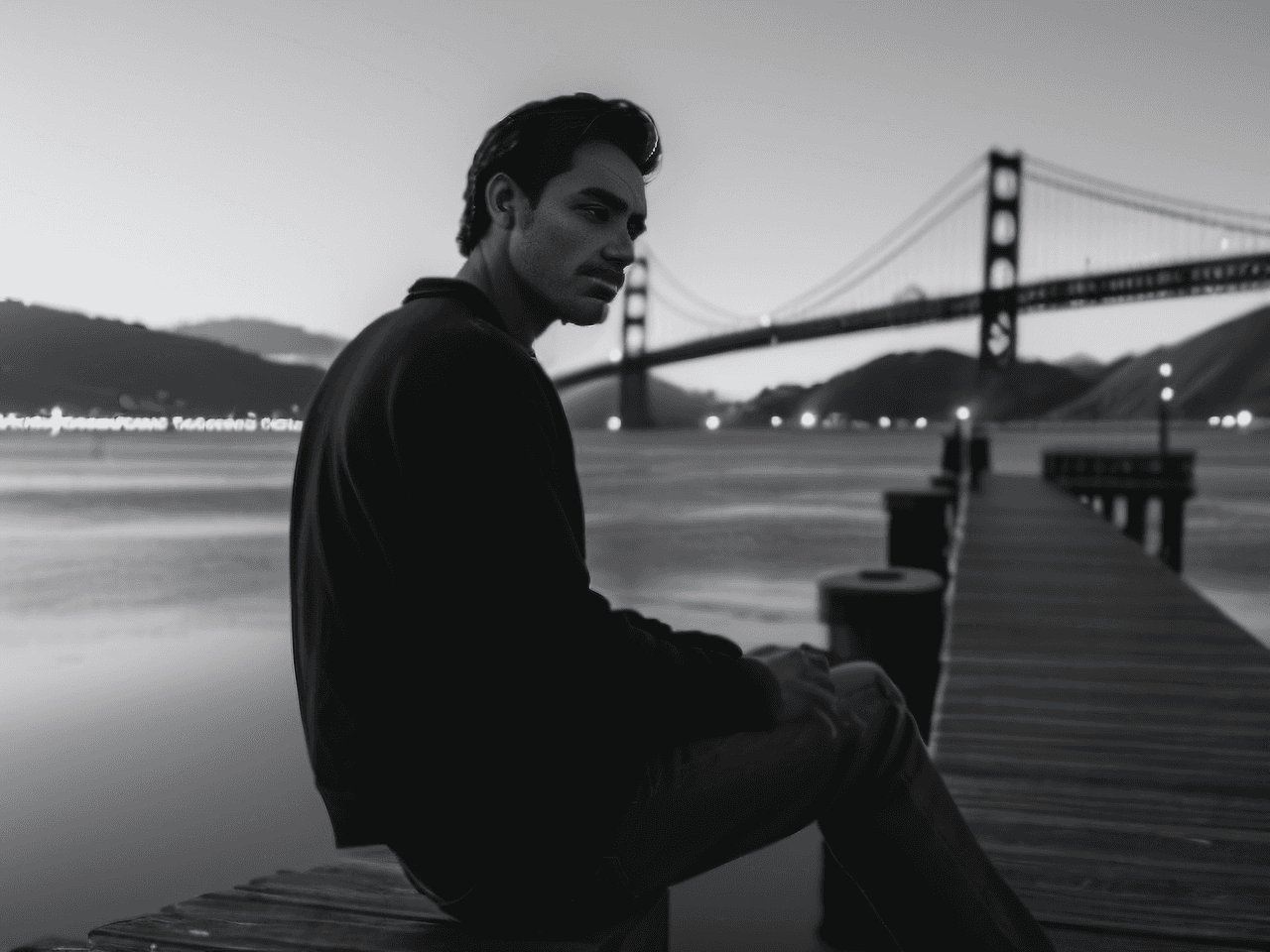 AI generated: A man sitting cross-legged on the dock of a San Francisco bay professional photography, black and wh...