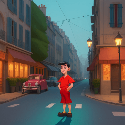 AI generated: boy in the middle of the street, standing by street lamps, in the style of cartoonish features, fren...