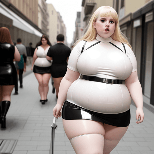 AI generated: Obese bbw pale skinned blonde walking the streets in tiny pvc mini skirt and top