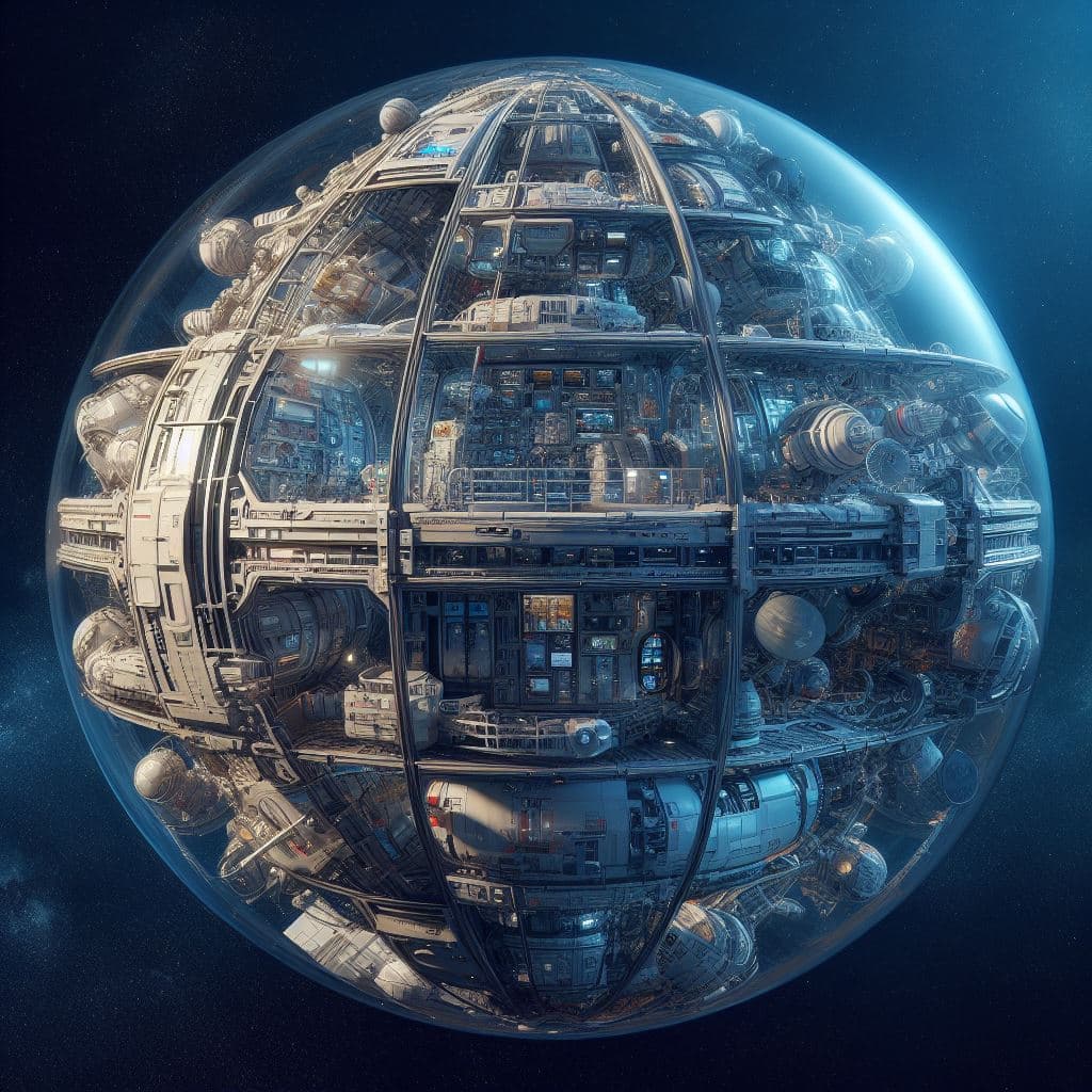 AI generated: orb-shaped spaceship with transparent hull in space, 10 decks visible, ultra-detailed interior visib...