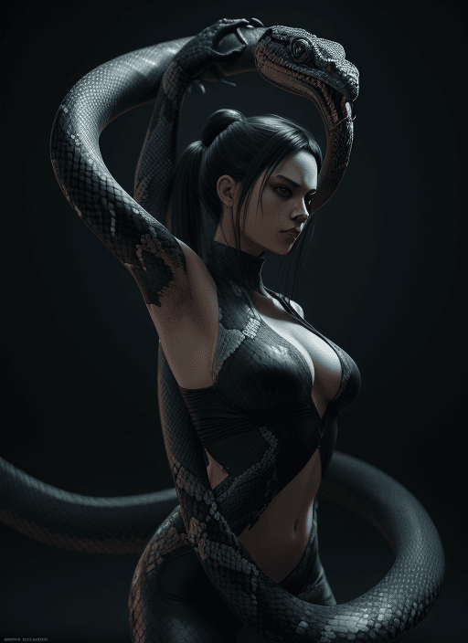AI generated: trending on artstation, woman with snake, dark, high detail, octane render, 8k, dancing moving, ninj...