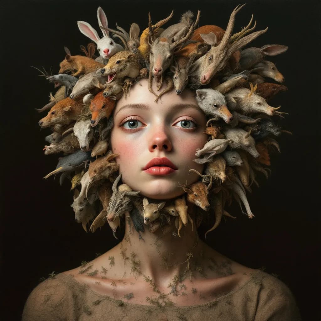 AI generated: a portrait a highly detailed, surreal portrait of a person composed entirely of various species anim...