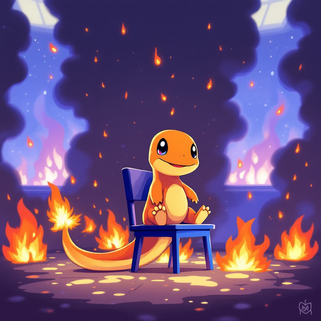 AI generated:  a highly detailed and cute charmander is the one standing in the room in flames and he is smiling c...
