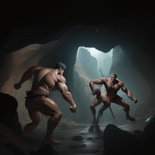 AI generated: giant men fighting in a cave, muscles, zach king, legendary champions, apocalyptic, anatomy masters,...