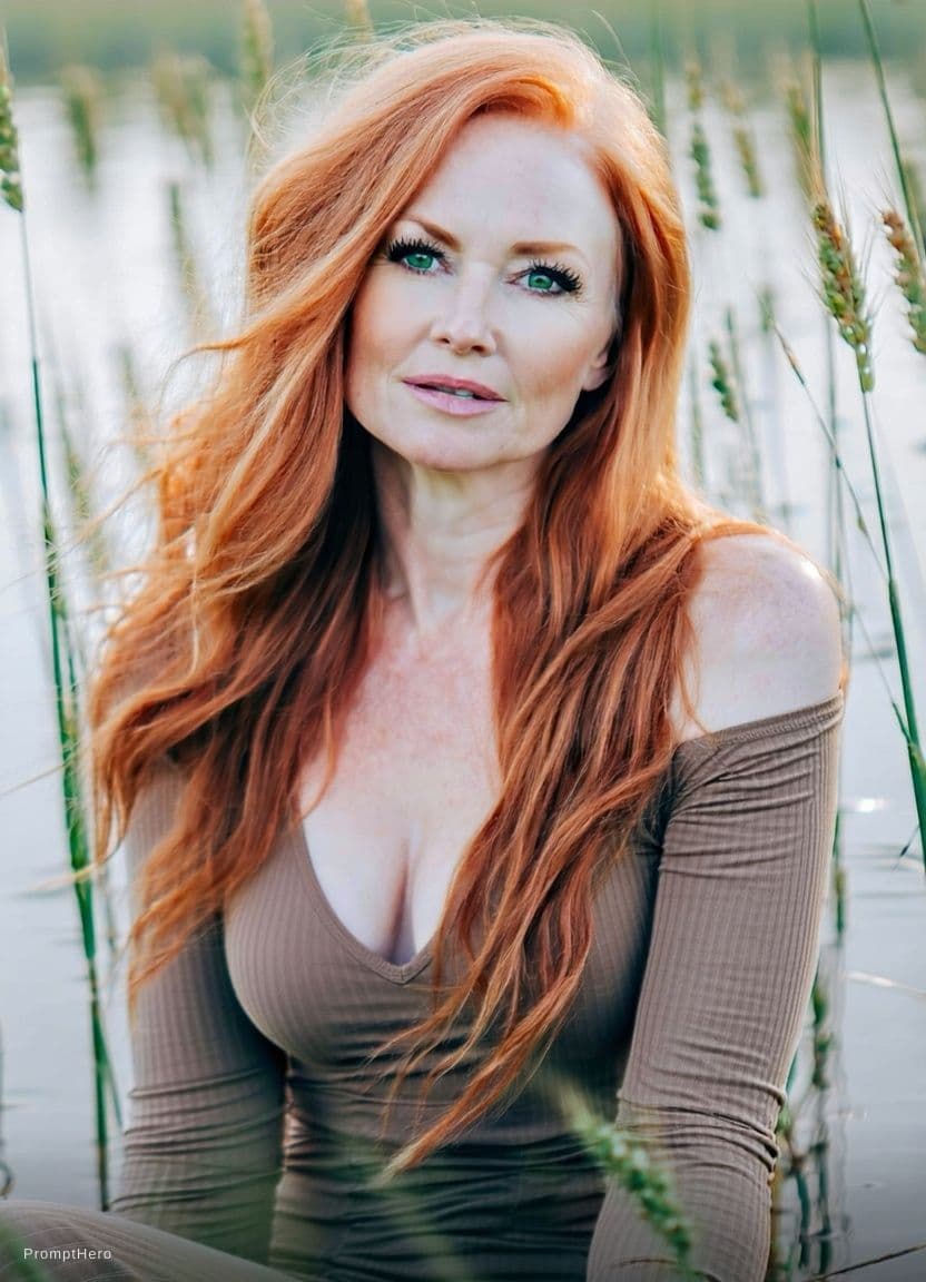 AI generated: A photorealistic portrait of a woman with vibrant, fiery red, wavy hair, seated in a field of tall g...