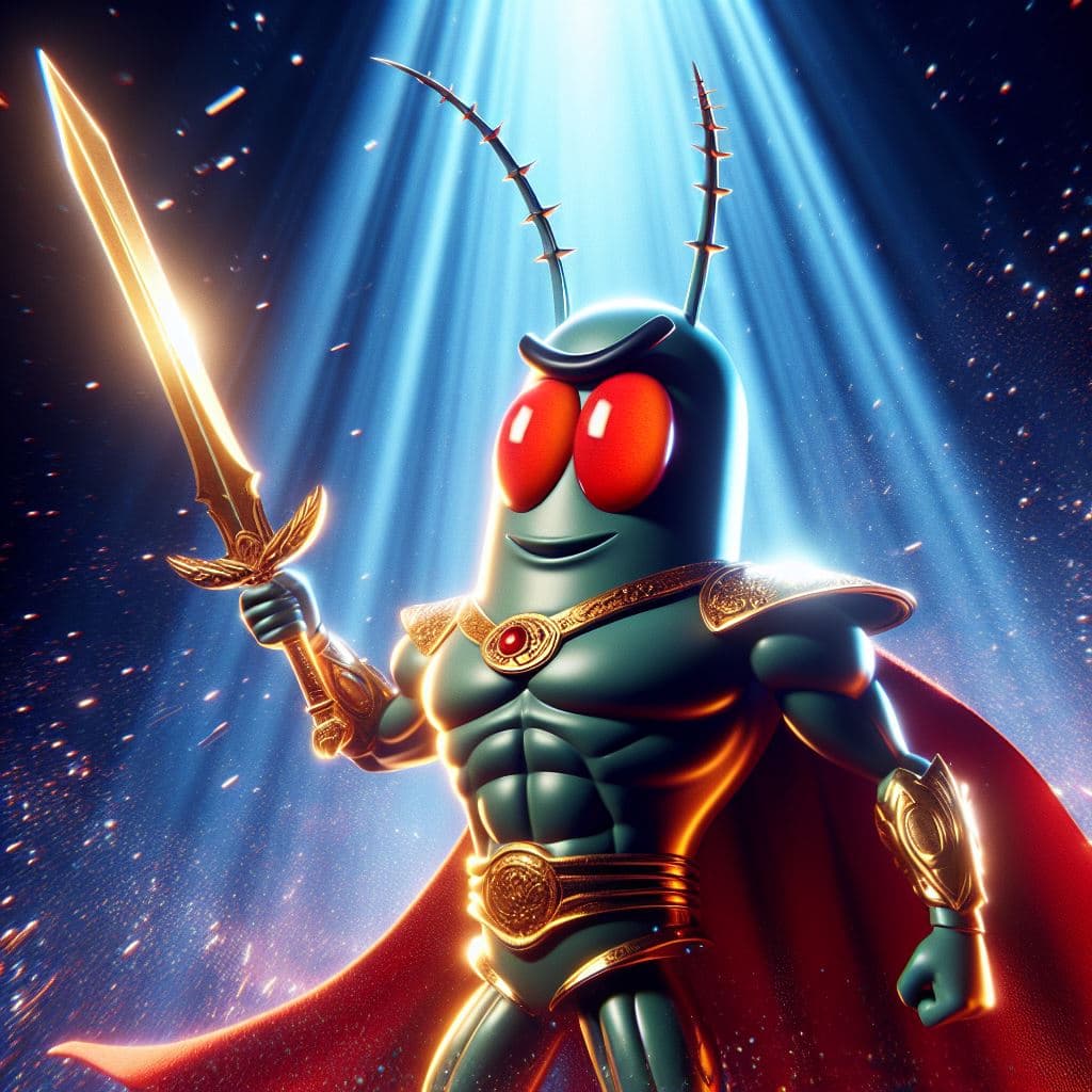 AI generated: plancton is the mightiest god with a sword, red eyes, heroic pose, divine and celestial light, maste...