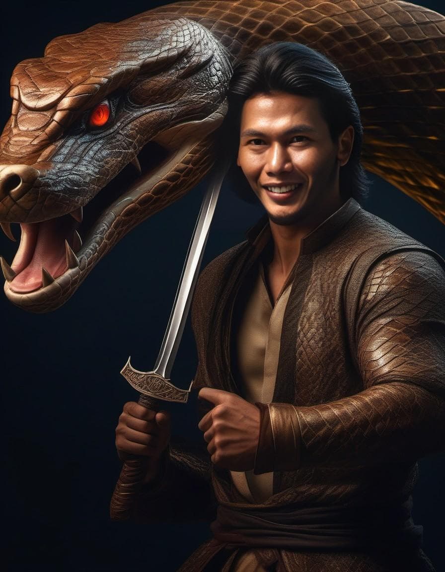 AI generated: create HDR photo realistic, a man with a sword in his hand fights a giant snake which is very scary ...