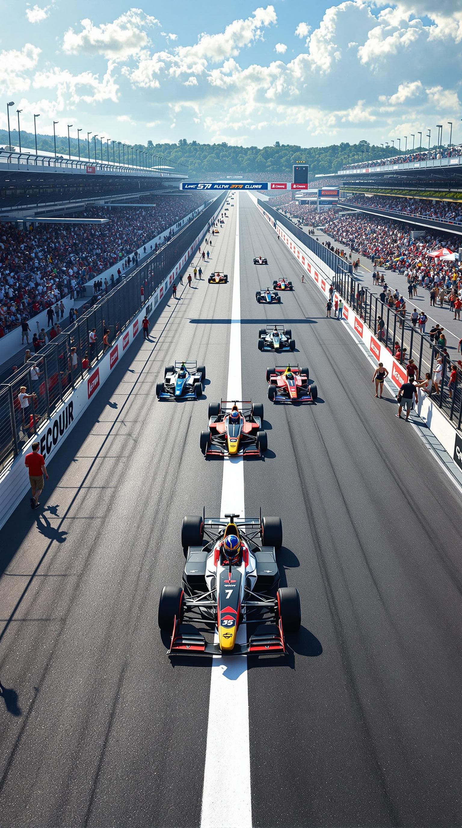 AI generated: Summer. At the start of the race track (White stripe across the track) there are 5 (five) racing car...