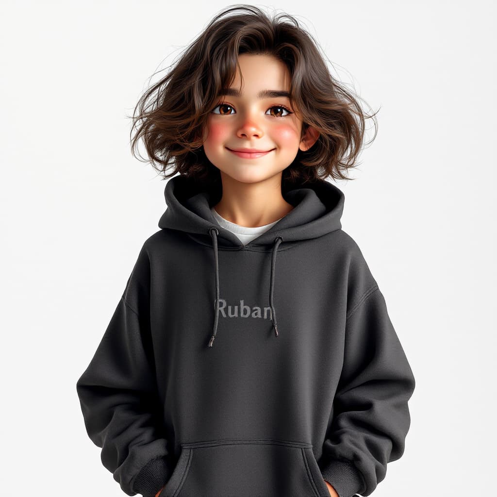 AI generated: "1 boy, beautiful Indian white boy, (Cute Loose Bob hair) , (wearing a hoodie with text "Ruban") , (...