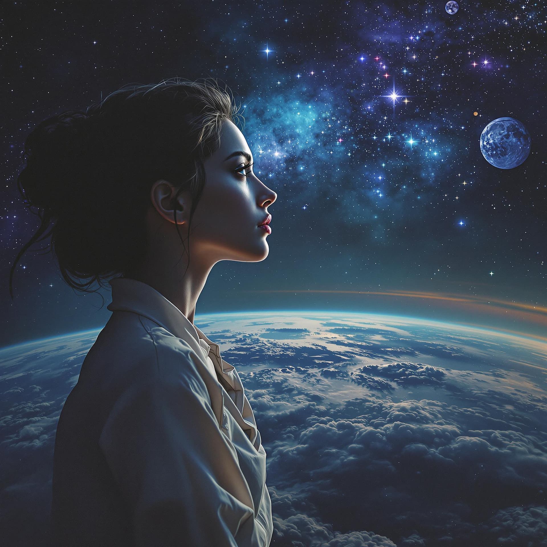 AI generated: a woman looking thoughtful, hyper realistic, on the moon over looking earth
