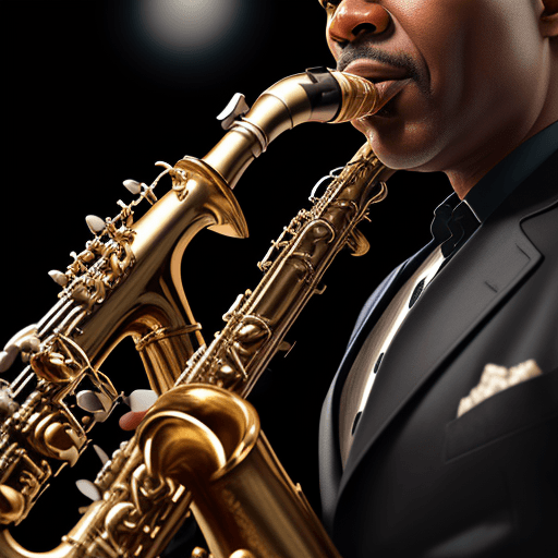 AI generated: Close-up shot, commercial photography, face of a middle-aged black saxophonist playing jazz, clothin...