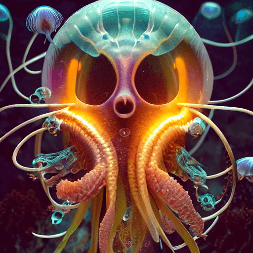 AI generated: goddess close-up portrait ribcagel. jellyfish phoenix head, nautilus, orchid, skull, betta fish, bio...