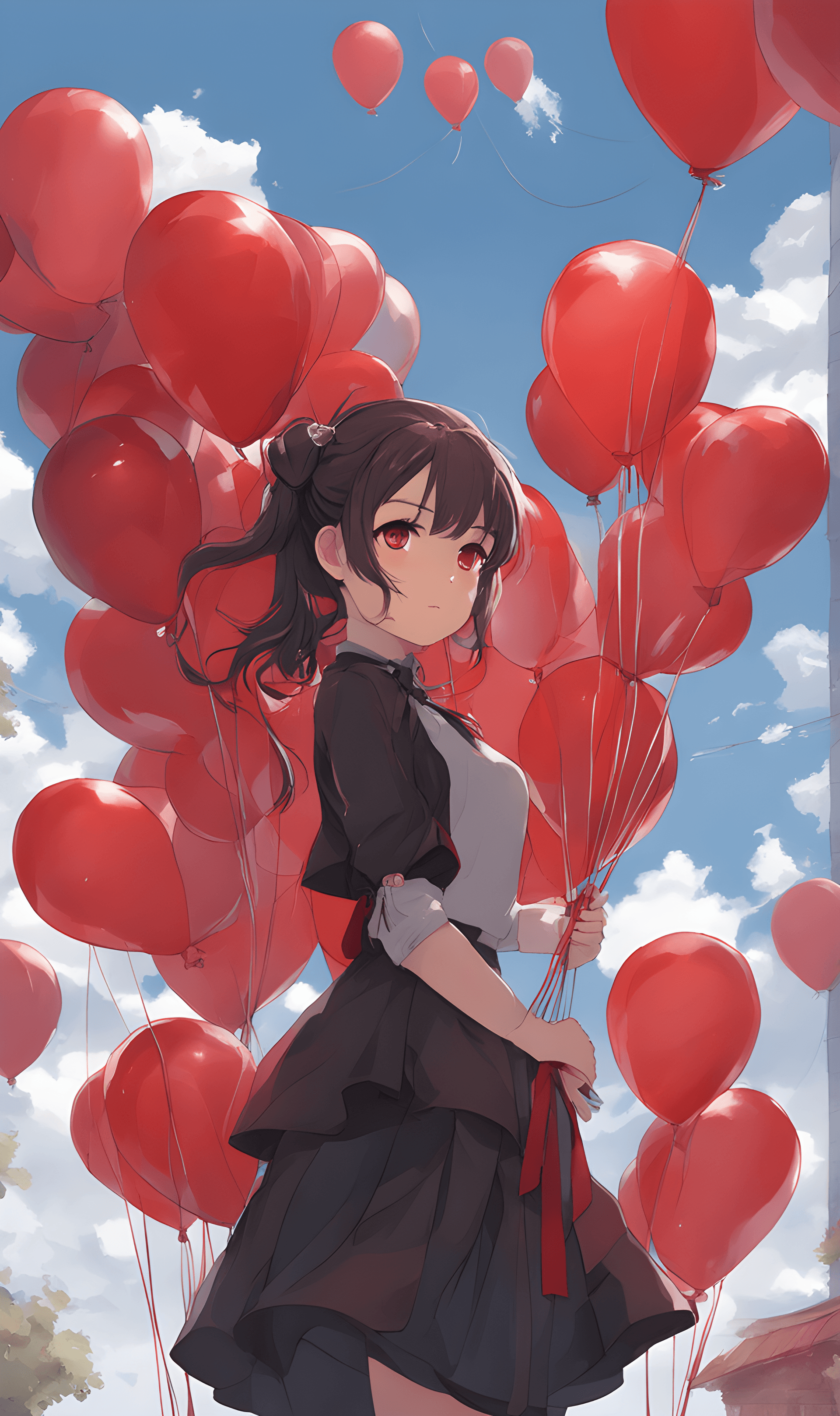 AI generated: a girl holding a bunch of red balloons, an anime drawing, pixiv, serial art, 🤤 girl portrait, small...