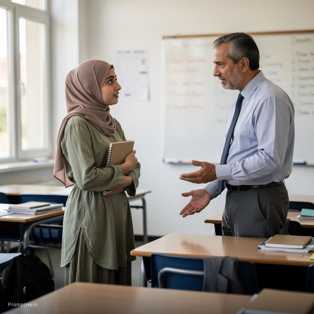 AI generated: Ragazza di 18 anni, araba, con hijab, a scuola, davanti al professore di 50 anni, implora il profess...