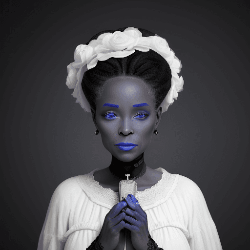 AI generated: Une vieille femme noire aux cheveux blancs, aux yeux bleus à la peau noire et des vêtements de femme...