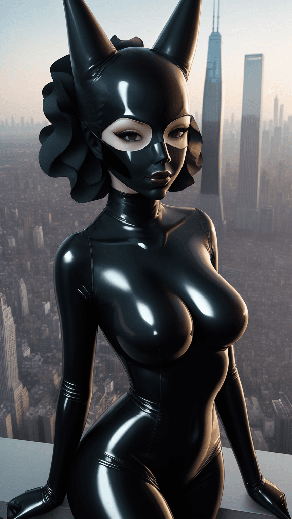 AI generated: adorned in only a latex mask
poses gracefully atop a towering skyscraper
her flawless
symmetrical fi...