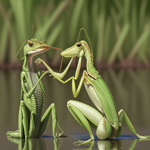 AI generated: Praying mantis eating an alligator 