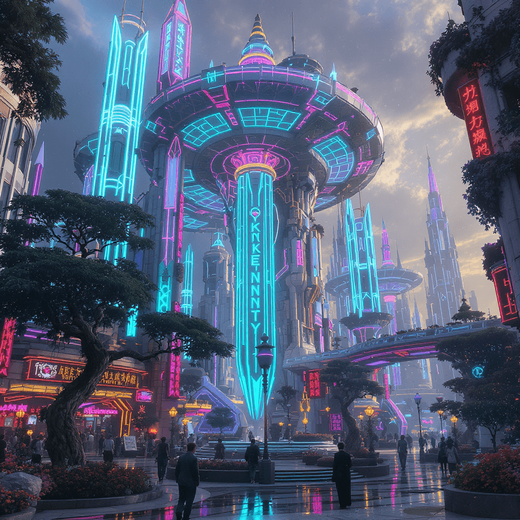 AI generated: “cyberpunk plaza with Afro-fururistic city themed with Kente bioluminescent crystal structures.” Cus...