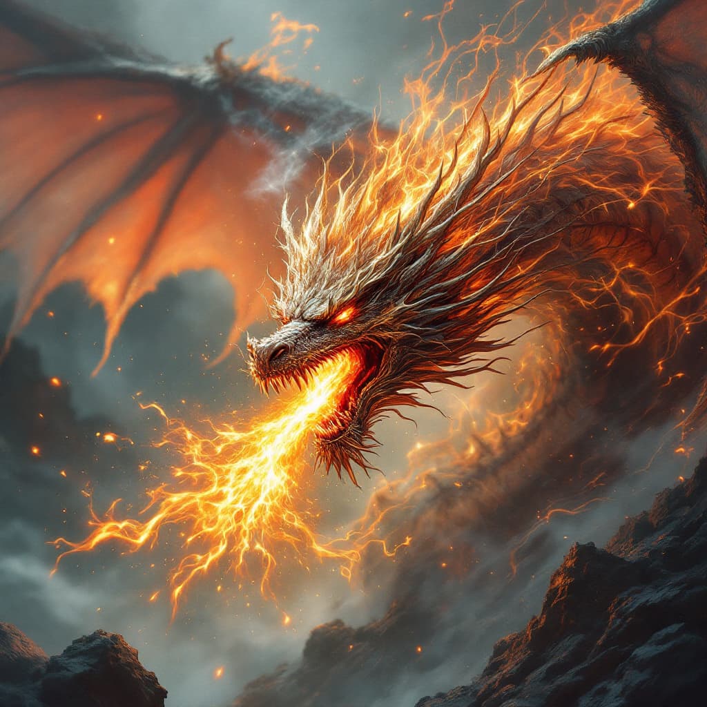 AI generated: hyper realistic dragon spitting fire  ,  mystical, fantasy, aggressive, angry dragon complex backgro...