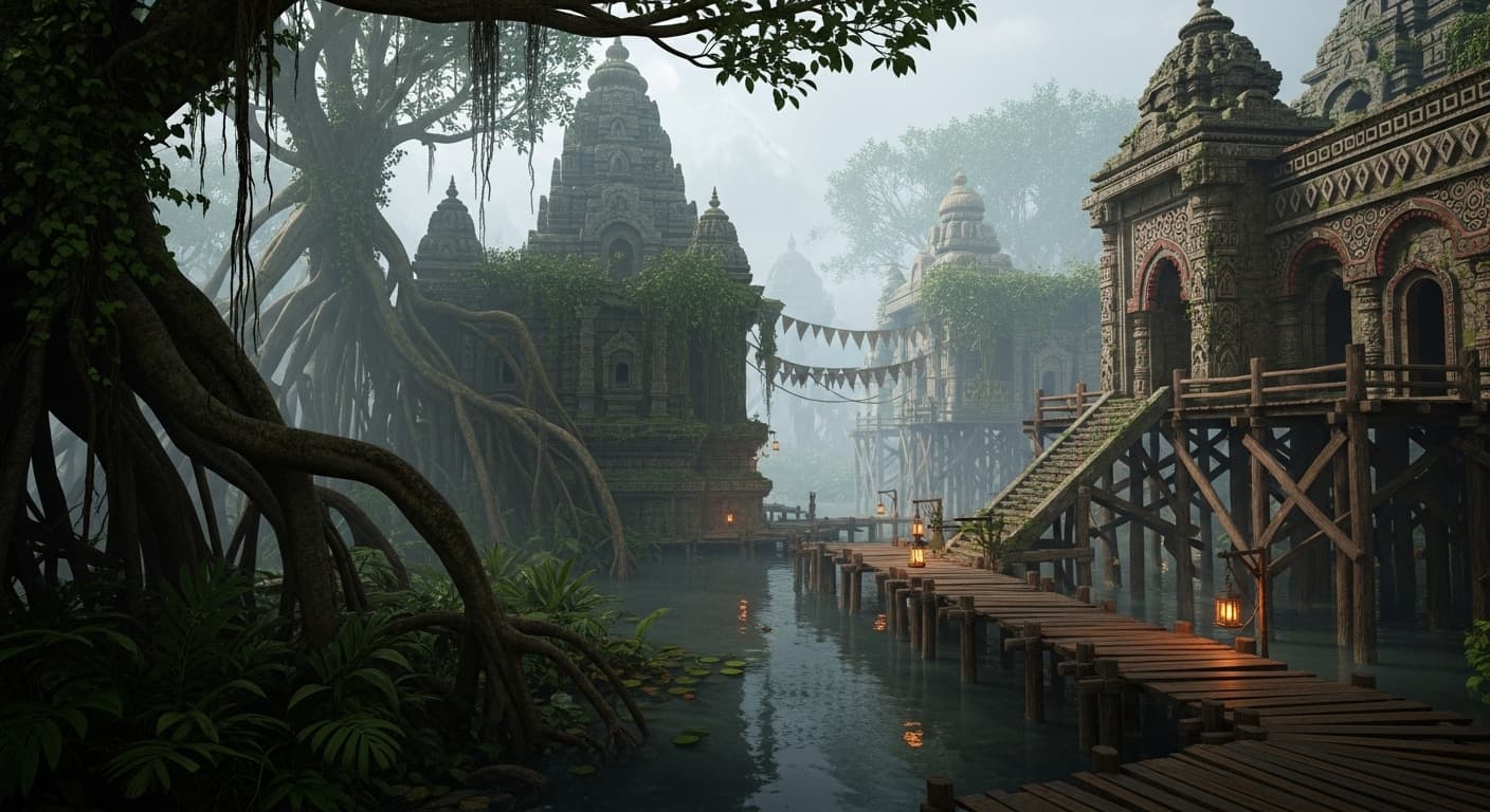 AI generated: Epic landscape of a swamp-jungle biome, misty humid atmosphere, giant mangrove roots, dense tropical...