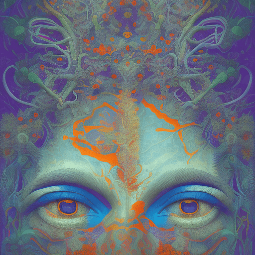 AI generated: a  painting of an eye with purple and orange flowers, in the style of james jean, mysterious jungle,...
