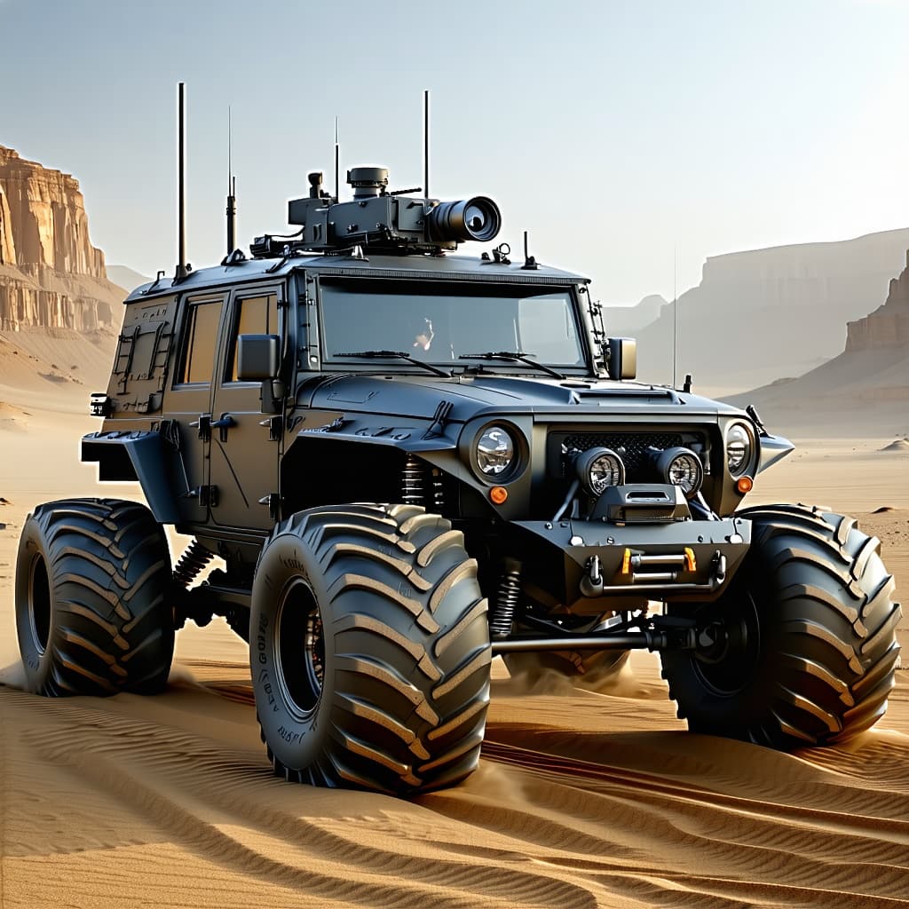 AI generated: All-terrain custom dieselpunk car, military tires, swing arms, suspension, engine cylinders, exposed...