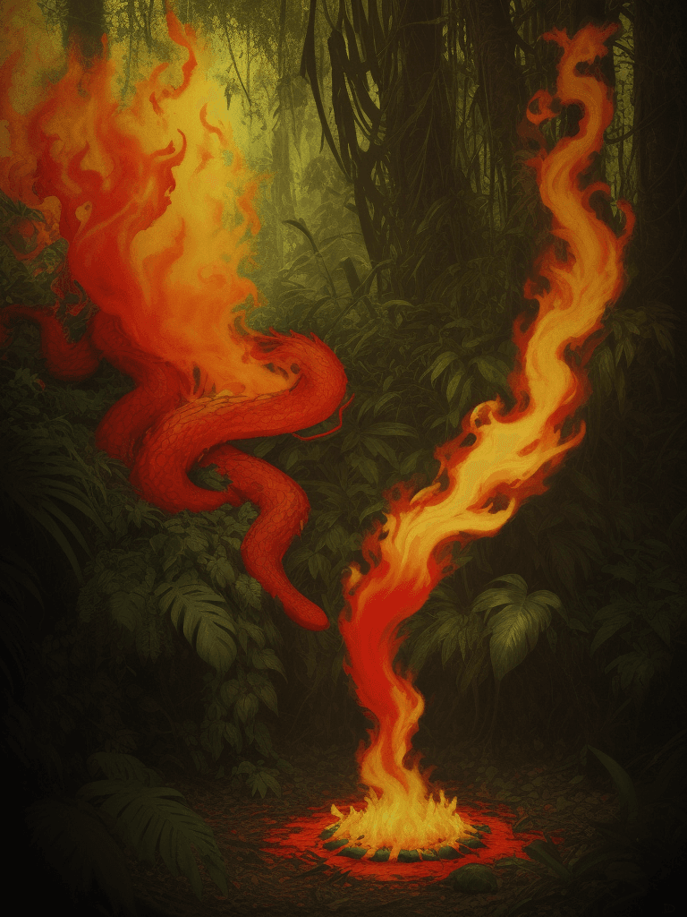 AI generated: a painting of jungle on fire, in the style of dark yellow and crimson, wiccan, animated gifs, figura...