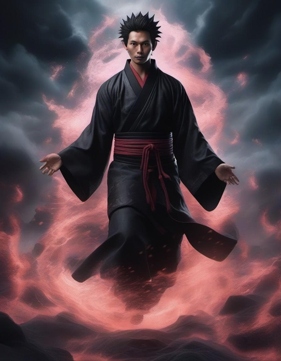 AI generated: In a dark, ominous realm, Ryomen Sukuna, the ancient, malevolent curse from Jujutsu Kaisen, floats m...