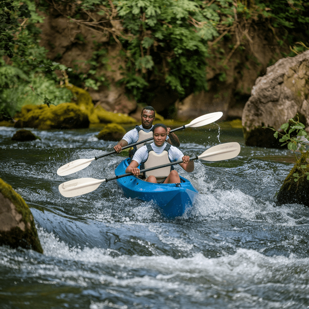AI generated: One pretty African  female, and a handsome African Male in the same Kayak ,Kayaking - Paddle through...