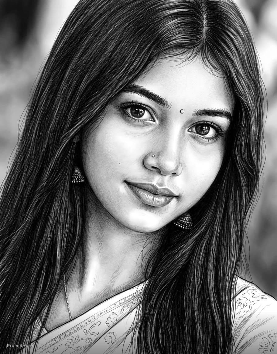 AI generated: drawing of a beautiful young woman in white, in the style of black and white realism, tumblewave, hi...