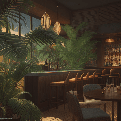 AI generated: bar, lounge, tropical interior, hyper realism, high detail, octane render, 8k