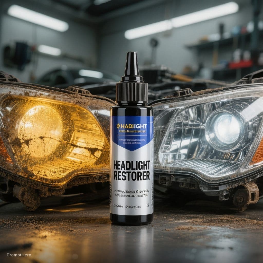 AI generated: A professional product advertisement photo for a car headlight restoration and clarity liquid. The c...