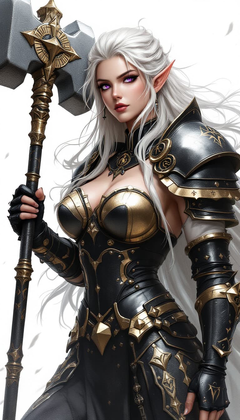 AI generated: A powerful, female warrior stands resolute, her tall stature and flowing white hair striking against...