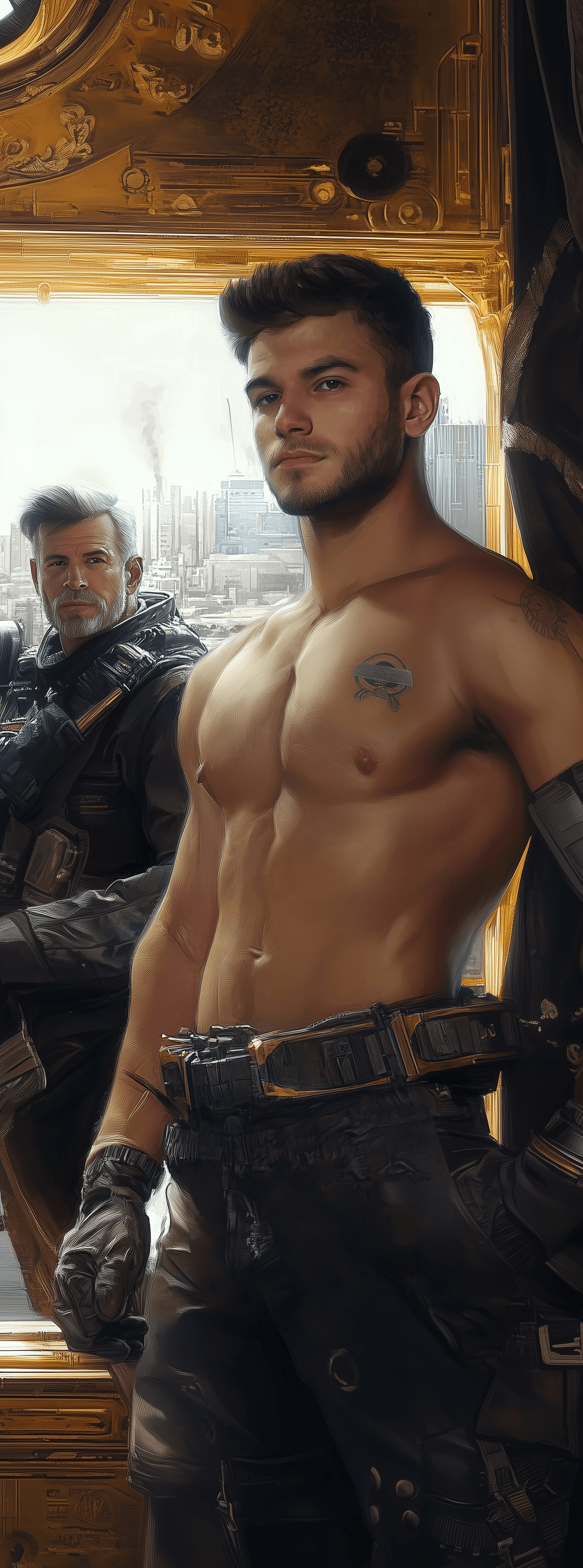 AI generated:  A young man in a futuristic space uniform stands with his hands on his hips, behind him is an older...