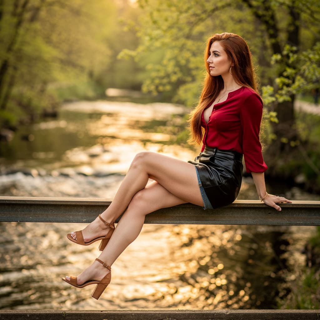 AI generated: A gorgeous woman with auburn hair and hazel eyes sits on the railing of a bridge overlooking a seren...