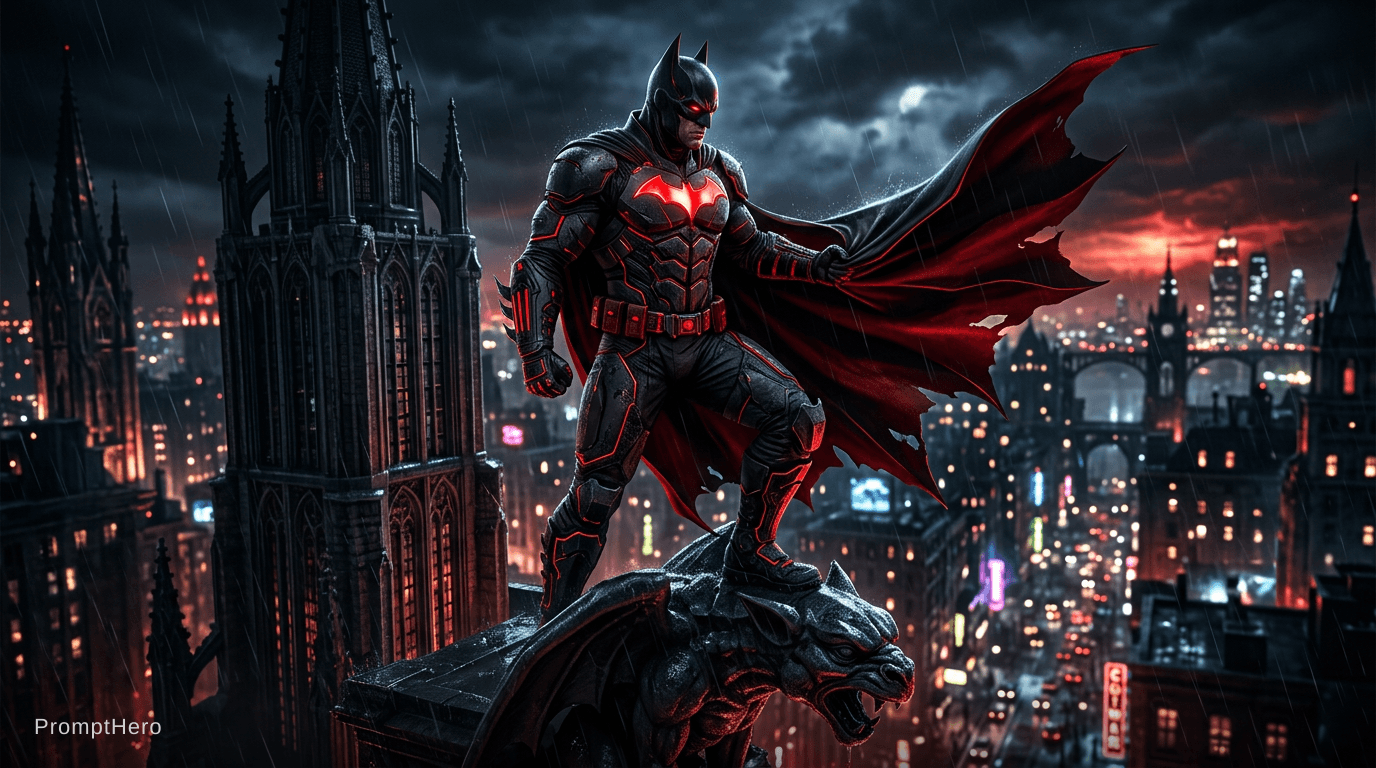 AI generated: Dark Batman in red black combination 