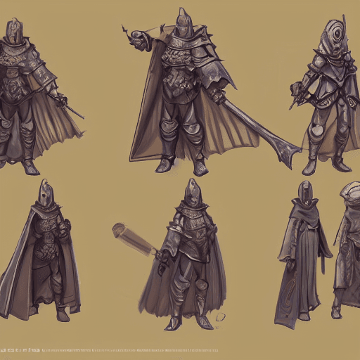 AI generated: traditional character design sheet, cinematic clean concept art of a knight witch, potion belt, robe...