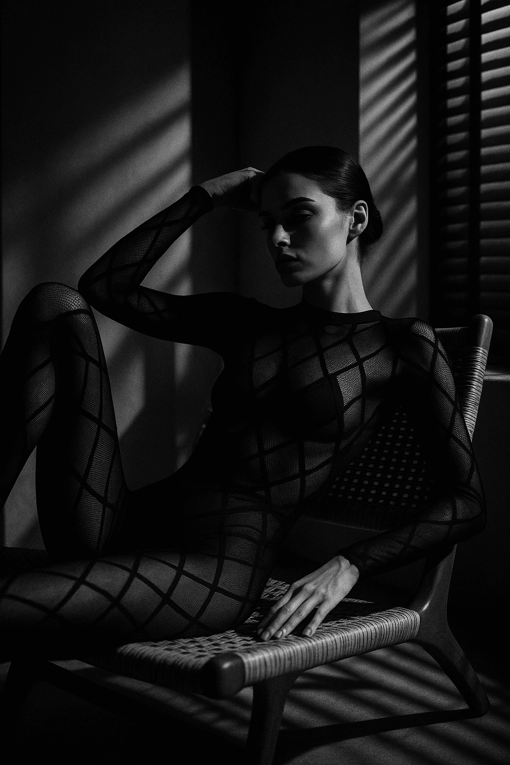 AI generated: A high-fashion editorial video scene of a woman lounging in a minimalist interior. She’s dressed in ...