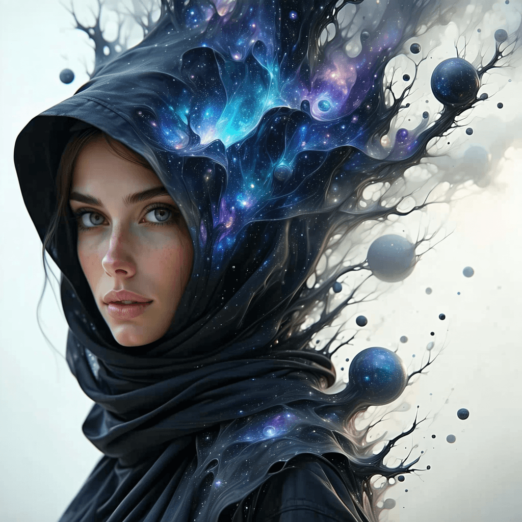 AI generated: A cunning concept thief, her form changing and shifting to reflect the ideas around her and her clot...