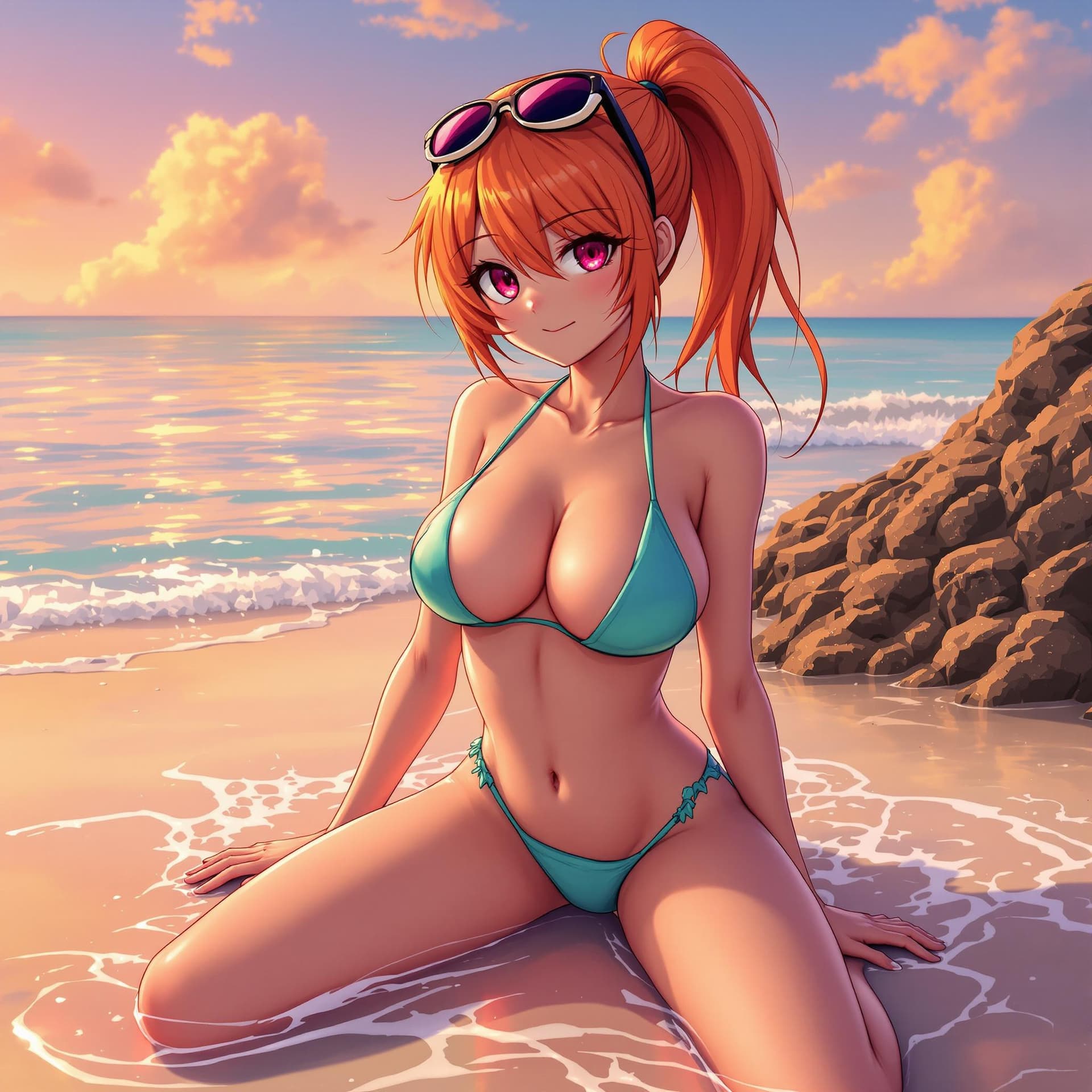 AI generated: Anime girl, in a beach, wearing a bikini, big chest, wet, spread legs, cute, orange hair, magenta ey...