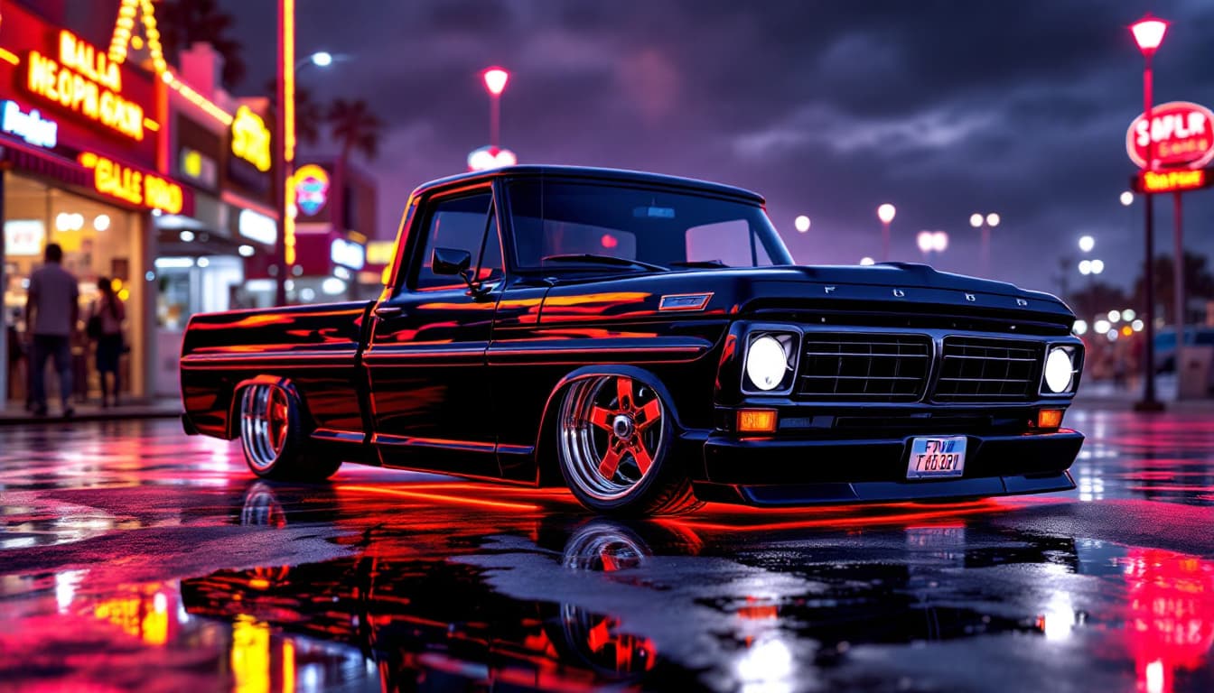 AI generated: A hyper realistic 1971 Ford F150 from a front side view. The truck is lowered, black and red paint j...