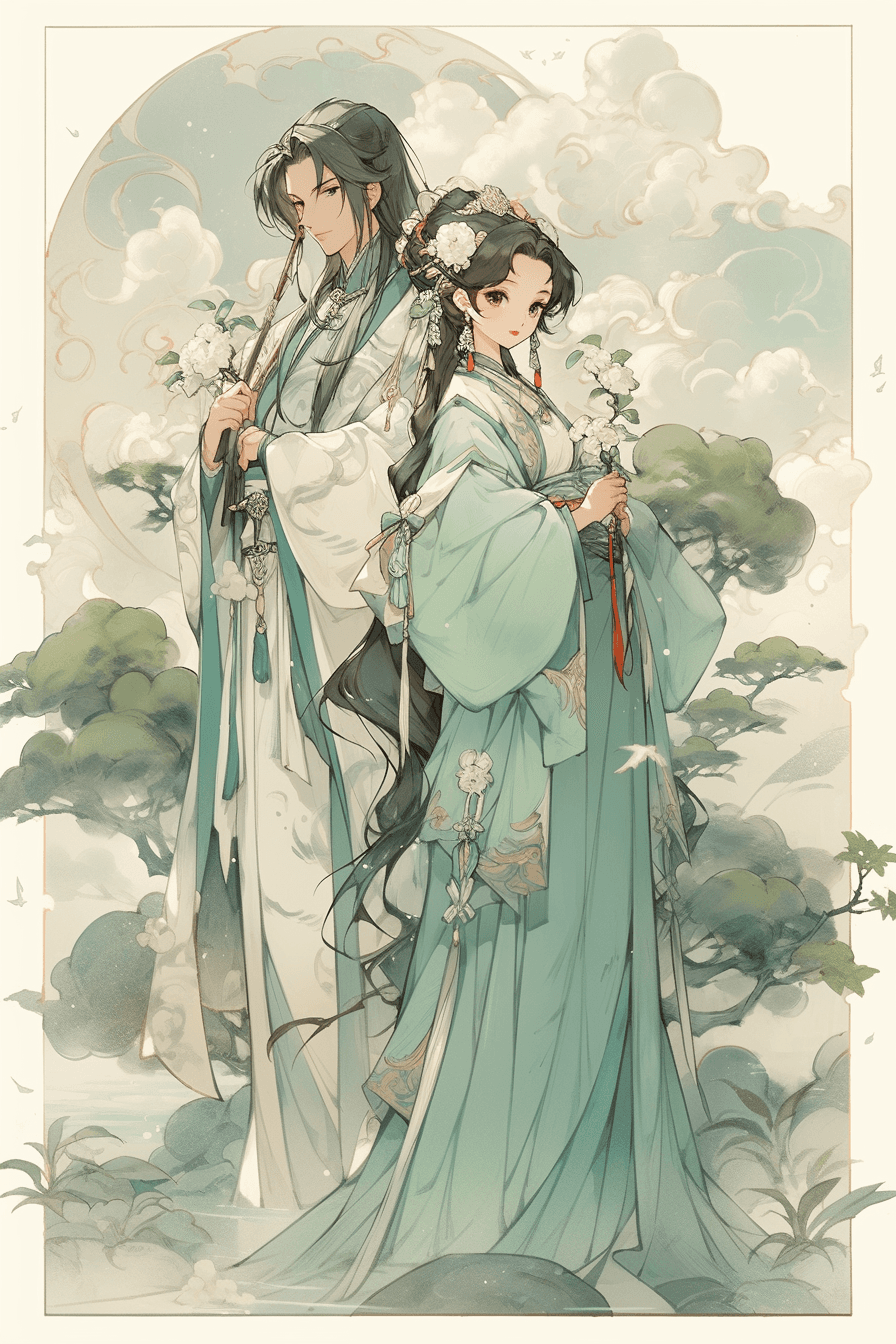 AI generated: A man and a woman standing together, surrounded by swirling clouds of mist and lush vegetation. They...
