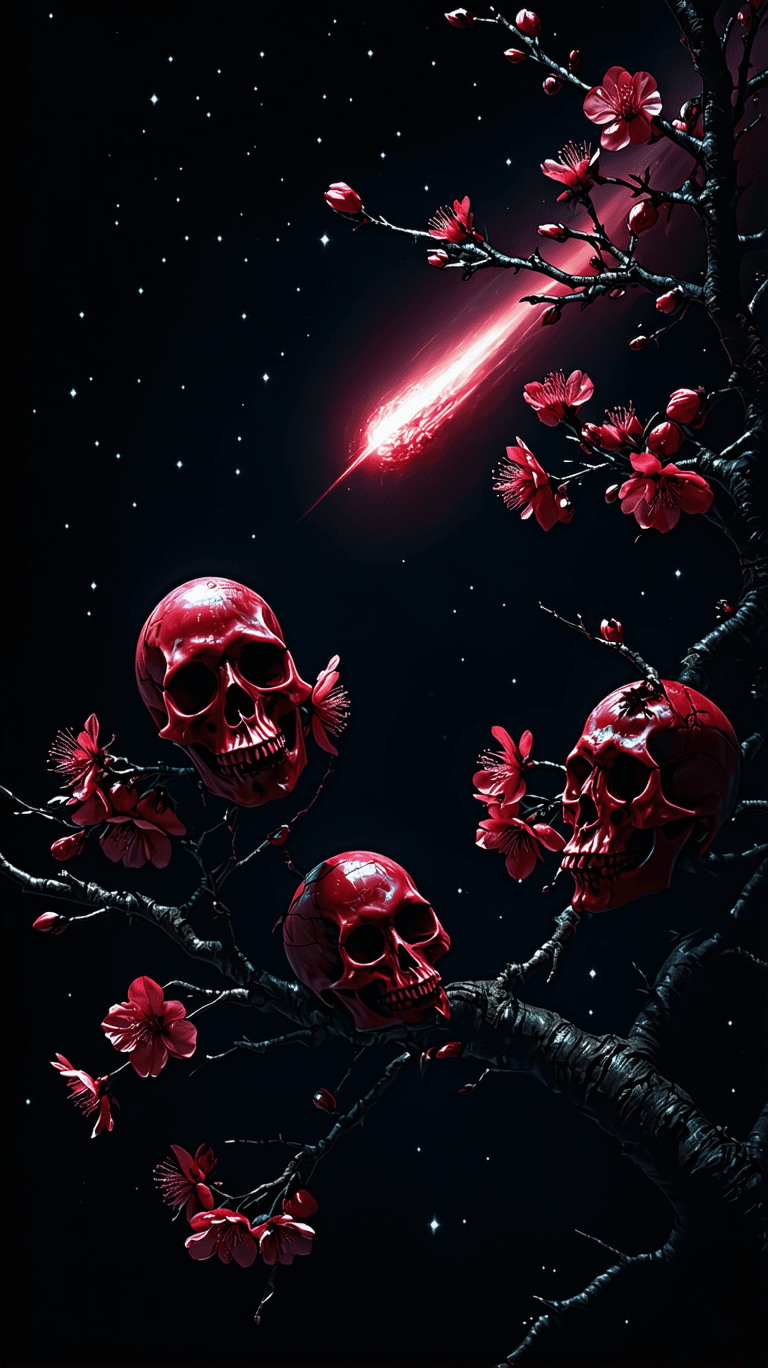 AI generated: Cherry blossoms resembling dark red skulls stand out against a dark universe background, with a glow...