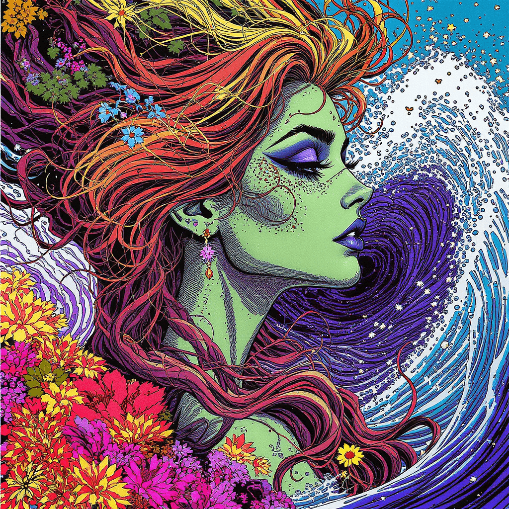 AI generated: dessin animé avec un visage de femme coloré entouré de nature et bord de mer , dans le style de Tim ...