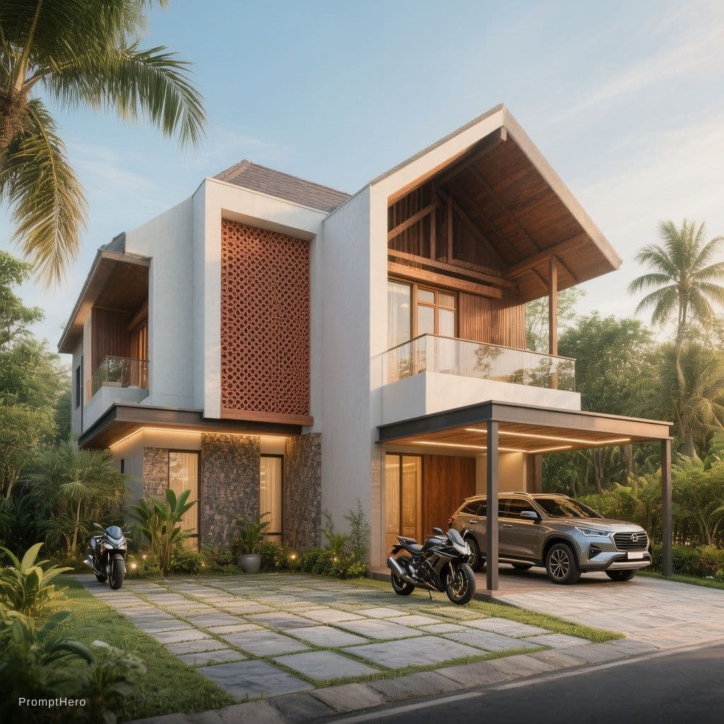 AI generated: {
  "scene": {
    "type": "modern tropical residential house exterior",
    "view": "front elevatio...