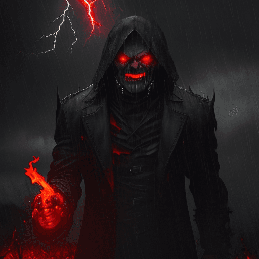 AI generated: Evil::2, old,Boss, in a rainstorm, thunders in background, scary, 4k, insane, red eyes, flame in the...